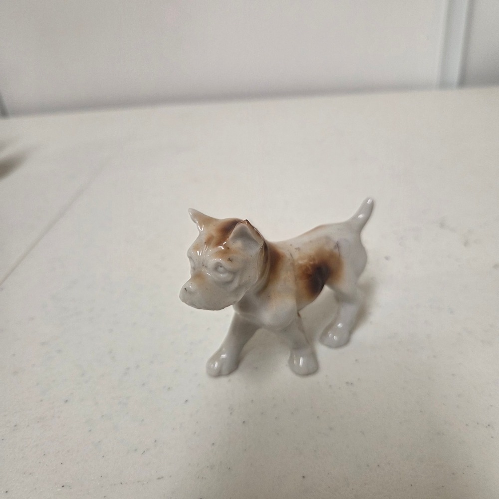 Vintage Miniature Porcelain Pit Bull Terrier Dog Figurine White Brown Glazed